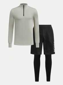 SHEIN 青少年男童立领半拉链运动印花卫衣及撞色印花慢跑裤套装，休闲校园运动服，面料柔软，适合日常穿着、上学、户外活动和运动。 - 彩色 - 查看 6