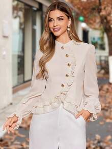 Amorya Women's Elegant Mandarin Collar Ruffle Hem Fitted Blouse,Light Beige Long Sleeve Button Detail Top For Autumn,Office,Modest Cozy Fall Winter Clothes - Apricot - View 13