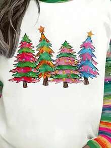 EMERY ROSE Áo nỉ cổ tròn in hình cây thông Noel dành cho nữ, họa tiết màu nước và chi tiết lấp lánh, tay dài, phong cách thường ngày, phù hợp cho mùa thu, đông và xuân, có thể giặt bằng máy, lý tưởng cho tiệc Giáng sinh và mặc hàng ngày. - Nhiều màu - Xem 3