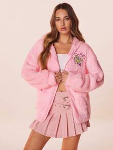 My Little Pony X SHEIN 女士休闲字母和马匹刺绣抓绒连帽外套，秋冬款