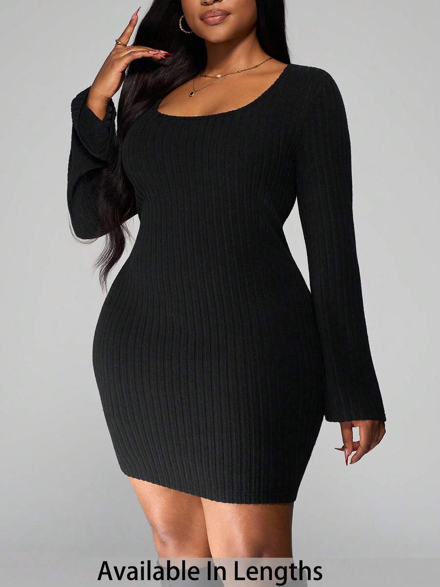 SHEIN PETITE CURVE 加大码纯色圆领喇叭袖修身连衣裙，商务休闲女装 - 黑色 - 查看 1