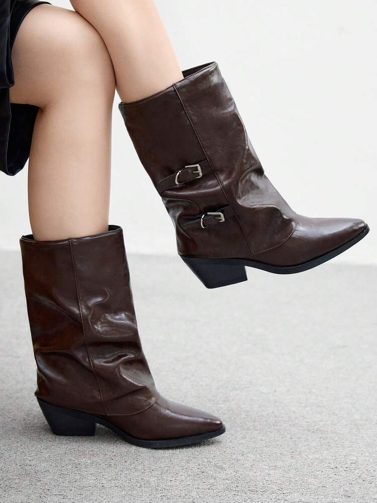 CUCCOO BIZCHIC Women's Pointed Toe Chunky Heel Burgundy Vintage Pleated Mid-Calf Boots, New Soft Thick Sole Riding Boots, Boots, Pants Tube Boots, Versatile & Comfortable