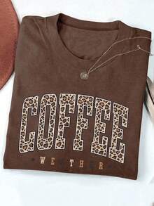 EMERY ROSE Camiseta de manga corta con cuello redondo, estampado de leopardo vintage y gráfico de letras, talla grande y casual - Café integral - Ver 1