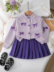 SHEIN Elladie kids 女童休闲日常针织开衫夹克，带蝴蝶结，活泼可爱，与裙子搭配，秋季儿童户外两件套开学装，秋冬华夫格纹理夹克 - 紫色 - 查看 5