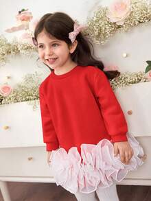Babygirl Cute Casual Knit Patchwork Organza Long Sleeve Dress - Red - View 5