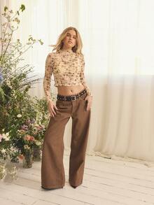Aralina Fall / Winter Low Rise Low Slung Baggy Wide Leg Brown Jeans, Cute Elegant Going Out Jeans For Women And Party New Years Eve, Country Style Pants, Brown Denim Jeans Thanksgiving Brown Trousers