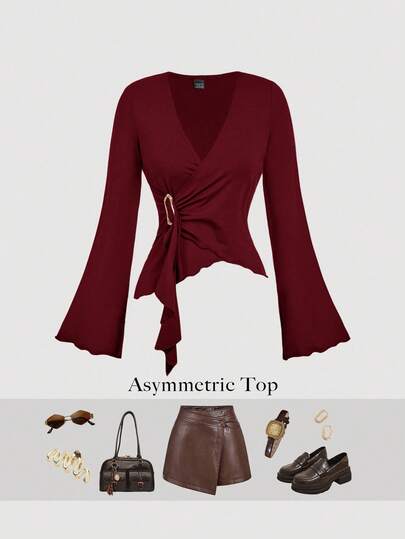 SHEIN MOD Women's Elegant Elegant Fashion Simple Solid Color Surplice Neck Flare Sleeve Buckle Draped Side Crop Tee, Spring/Autumn,Red Top,Red Tops For Women