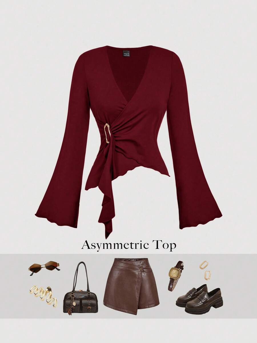 SHEIN MOD Elegante maglietta corta donna con scollo a incrocio, maniche a campana, fibbia e drappeggio laterale, colore tinta unita, adatta per primavera/autunno