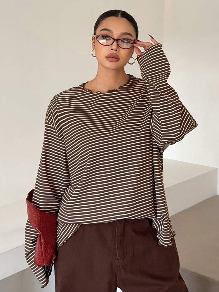 Oversized Striped Long Sleeve Black & White T-Shirt, Spring/Autumn