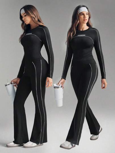 With My Calm 1 套女式紧身黑白长袖圆领运动 T 恤和喇叭运动裤，运动装