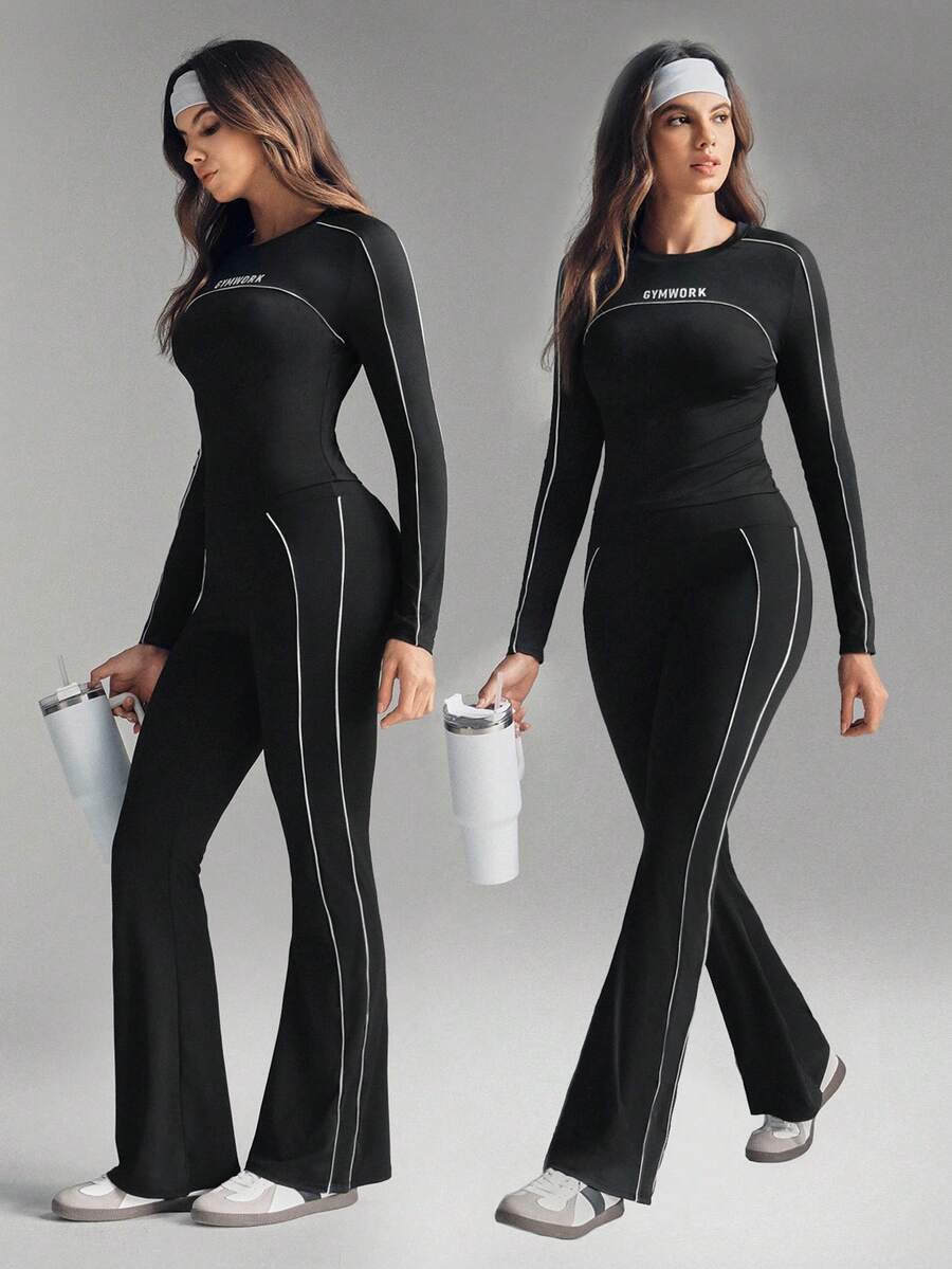 With My Calm 1 套女式紧身黑白长袖圆领运动 T 恤和喇叭运动裤，运动装 - 黑與白 - 查看 1