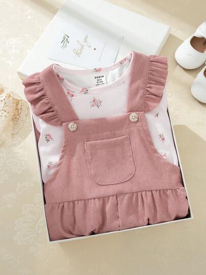 Souflis Souflis 2025秋冬复古法式粉色长袖上衣+灯芯绒背带裤套装，适合上学、外出及多种场合，女童款