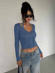 DAZY 两件套女士纯色长袖单排扣针织开衫和吊带针织上衣套装 - 藍色 - 查看 2