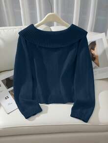 Franclia Button Decor Off Shoulder Solid Color Elegant Long Sleeve Sweater - Navy Blue - View 2