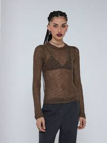 COUREZ 透明圆领针织套头衫，Y2K秋冬外出上衣，女士棕色新年毛衣 - 杏色 - 查看 3