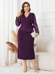 Lacomfia Đầm đi làm hàng ngày thanh lịch, cổ bẻ bất đối xứng, nơ thắt ren cỡ lớn cho nữ - Màu tím - Xem 1