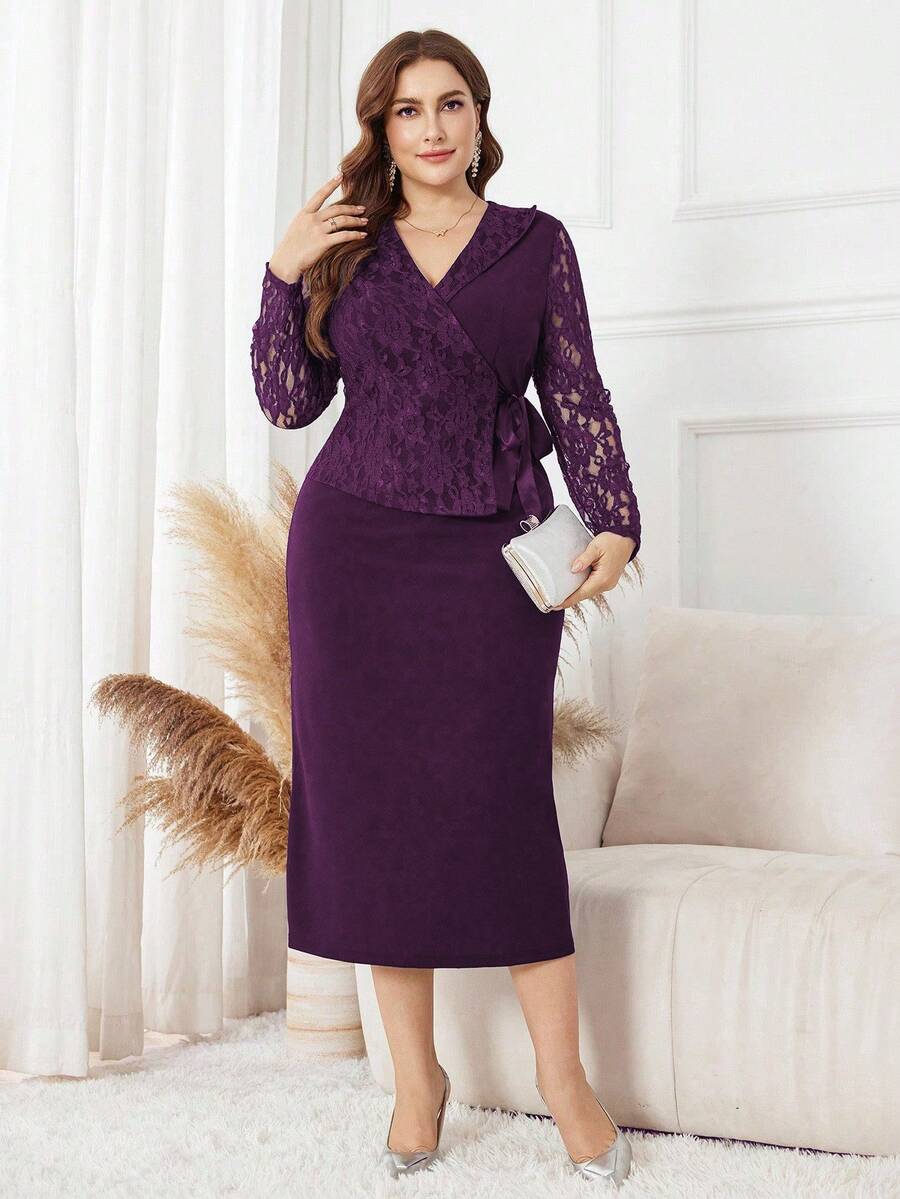 Lacomfia Đầm đi làm hàng ngày thanh lịch, cổ bẻ bất đối xứng, nơ thắt ren cỡ lớn cho nữ - Màu tím - Xem 1