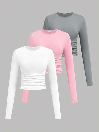 SHEIN Girlism 3pcs/Set Teen Girl Solid Color Crew Neck Ruched Long Sleeve T-Shirts Girls Tight Tops 3 Packs Tops Long Sleeve Tops Tight Tops