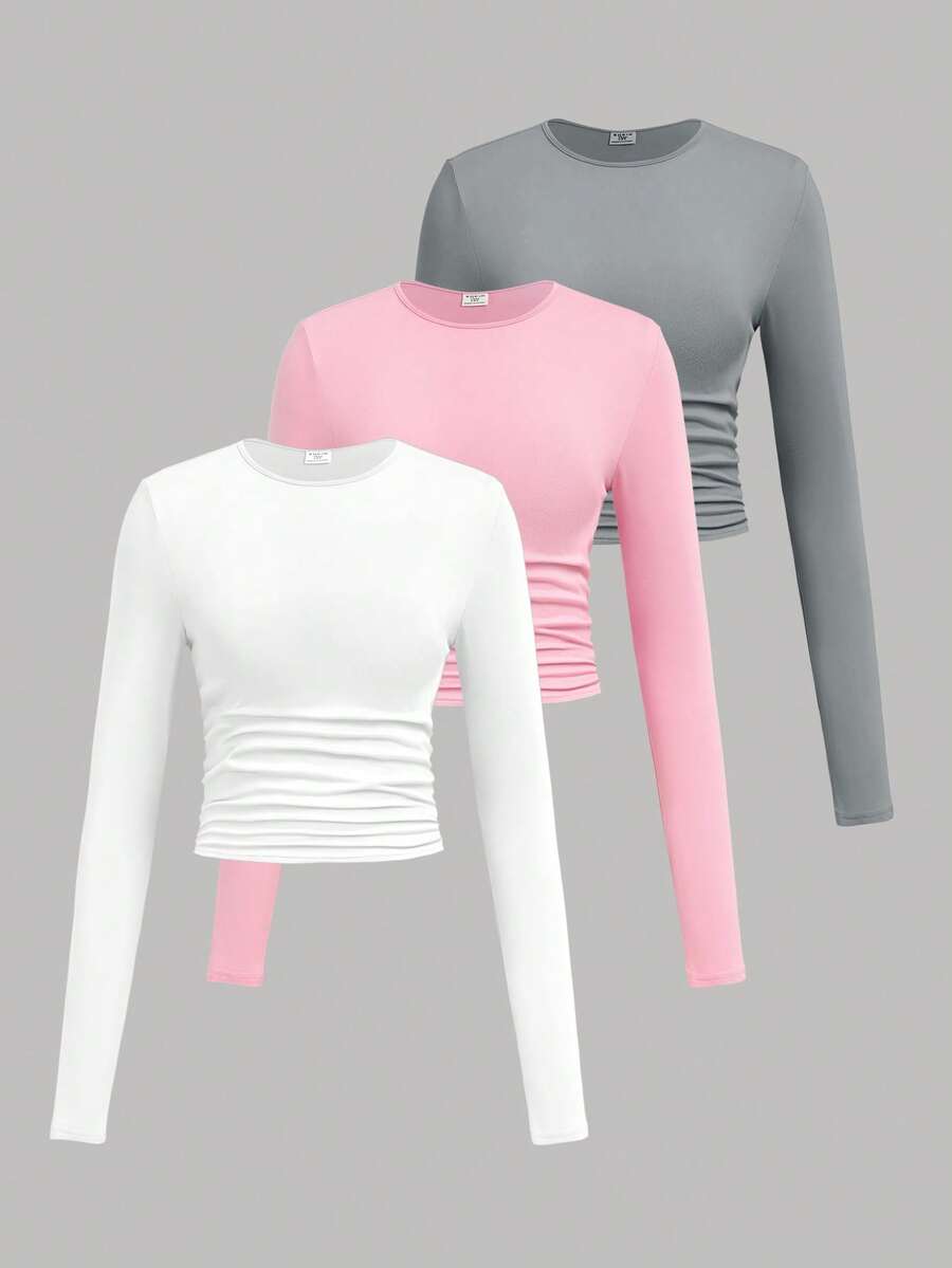 SHEIN 3件套少女纯色圆领褶皱长袖T恤紧身衣3件装长袖紧身衣 - 彩色 - 查看 1