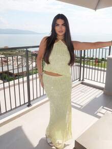 Ambs Edit 黄色低腰H型亮片长裙，浪漫约会 - 黃色 - 查看 6