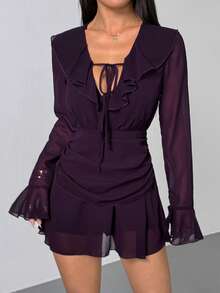 SHEIN PETITE Women's Elegant Sexy Deep V Ruffle Waist Cinched Waist Flare Sleeve Purple Mini Dress, Fall Dresses For Women Night Out Dress, Women Dating Dress - Purple - View 8