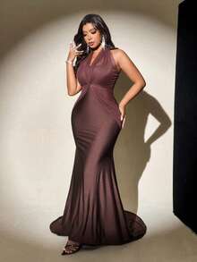 Viva Relle 大码女士性感露背扭结金属扣超长美人鱼礼服，适合派对、婚礼、生日等场合 - 咖啡棕 - 查看 3