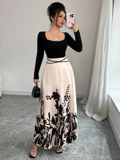 Rafferiza 女士优雅度假风方领交叉露背系带印花下摆连衣裙，春秋季