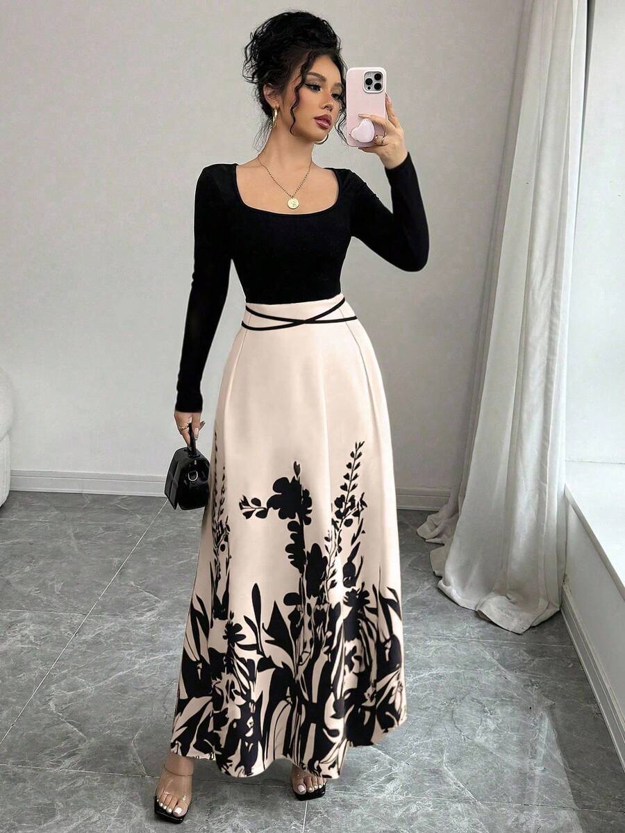 Rafferiza Women's Elegant Vacation Style Square Neck Criss-Cross Back Tie-Knot Floral Print Hem Dress, Spring/Autumn - Multicolor - View 1