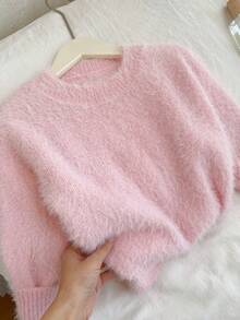 SHEIN 新款时尚百搭简约浅粉色套头针织毛衣，适合女宝宝穿着，包括婴儿针织衫、女宝宝冬季毛衣、女宝宝套头衫、保暖女宝宝服装、婴儿针织衫、婴儿毛衣、女宝宝秋冬套头衫、女宝宝毛衣、女宝宝秋季毛衣、婴儿长袖上衣、黑色婴儿上衣、女宝宝秋季毛衣。 - 粉色 - 查看 3