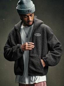 EASEVO Plus Size Men's Geometric Embroidery Long Sleeve Zip-Up Sherpa Hoodie - Dark Grey - View 4