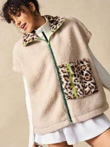 VARSIVA 女士休闲豹纹拼接抓绒外套，秋冬款 - 彩色 - 查看 8