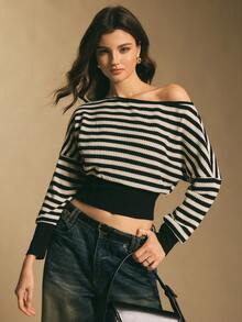 Poéselle Tricou damă cu mânecă lungă, croit, casual, cu umeri asimetrici, cu dungi, la modă