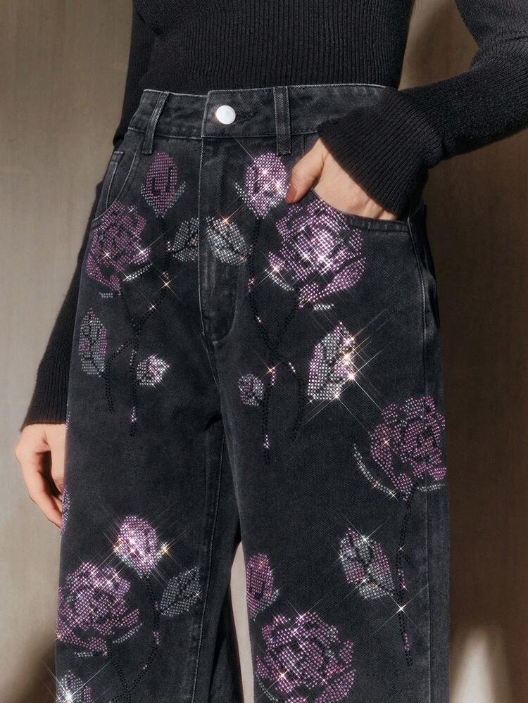 Jeans droits noirs ornés d'une rose scintillante, nouveauté pour la Saint-Valentin pour femmes