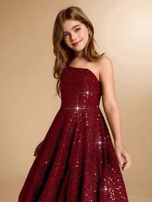 Elegant Flower Girl Dress For Graduation, Wedding, Ball, Suitable For Halloween, Christmas, Burgundy Sequin Velvet Spaghetti Strap Maxi Dress For Tween Girls, Fashion Tulle Princess Dress For Back To School