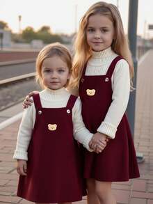 Emery Rose Kids Emery Rose Kids Burgundy Corduroy Pinafore Dress For Toddler Girls Sleeveless Round Neck Short Design With Cute Bear Detail Baby Girl Fall Winter Outfit - Burgundy - View 5