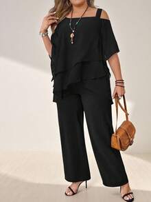 Momelise 大码女式纯色网眼袖口和不对称肩部上衣和裤子 2 件套 - 黑色 - 查看 6