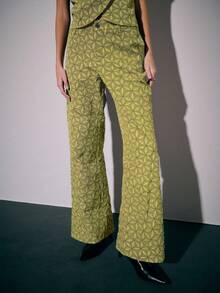 Nöista Two Pieces Coordinated Set Featuring A Short-Sleeve Top And Wide-Leg Pants With Geometric Pattern Detailed Chinese Buttons, Offering An Elegant - Olive Green - View 4