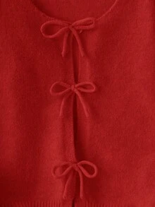 SHEIN Tween Girls' Loose Casual Minimalist Comfortable Round Neck Long Sleeve Bowknot Polka Dot Cardigan, Back To School Season Kids Cardigan For Girls 7 Yrs Old Girl Shrug Cardigan Kids Sweaters For Girls Button Girl Clothes Autumn And Winter Clothes Strawberry Cardigan Kids - Red - View 3