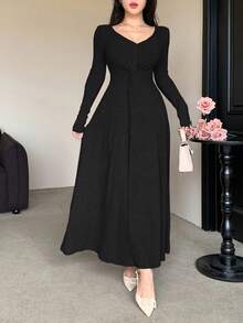 DAZY 女士优雅纯色V领扭结中长连衣裙，秋冬款 - 黑色 - 查看 5