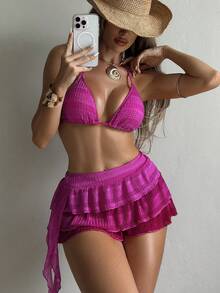 Swim SXY 女式紧身细肩带抽绳腰沙滩裙性感渐变粉色三件套泳衣 - 玫紅色 - 查看 4