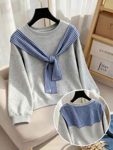 Franclia Plus Size Casual College Style 2 In 1 Plaid Patchwork Long Sleeve Crew Neck Loose Sweatshirt, Spring/Autumn - Light Grey - View 1