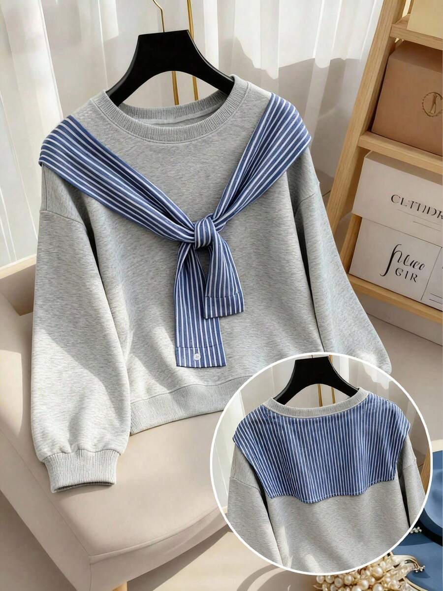 Franclia Plus Size Casual College Style 2 In 1 Plaid Patchwork Long Sleeve Crew Neck Loose Sweatshirt, Spring/Autumn - Light Grey - View 1