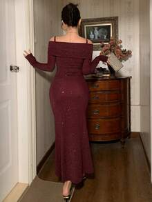 DAZY Robe longue élégante à épaules dénudées, manches longues, avec décoration de sequins, pour femmes. Idéale pour le Nouvel An et Noël - Rouge foncé - Voir 5