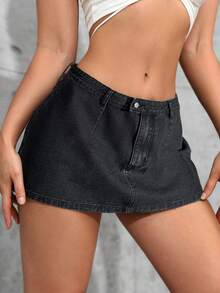 SHEIN ICON Váy mini denim nữ cỡ lớn, trang phục cao bồi cho mùa hè - Màu xám đen - Xem 4