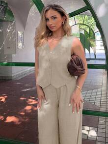 Jeta Ari 女士纯色单排扣背心和裤子休闲宽松两件套 - 卡其色 - 查看 6