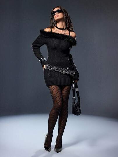 كنزة صوفية صوفية مفتوحة الكتف بطراز Y2K للنساء