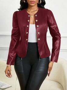 SHEIN Lady 女士PU皮机车夹克，优雅开襟黑色外套，秋冬款 - 酒紅色 - 查看 6