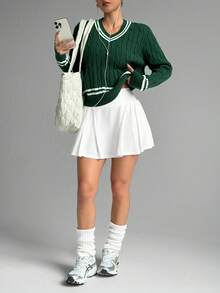 女士V领条纹图案麻花长袖套头毛衣 - 綠色 - 查看 5