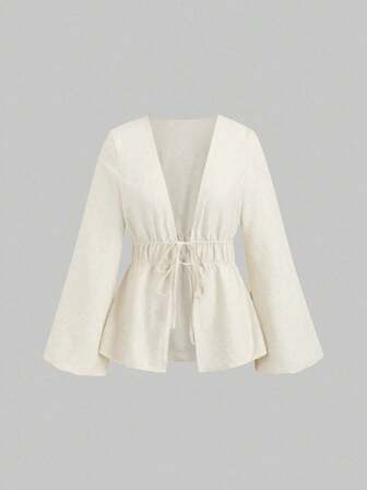 Sweetra Women's Casual Solid Color Lace-Up Long Sleeve Top