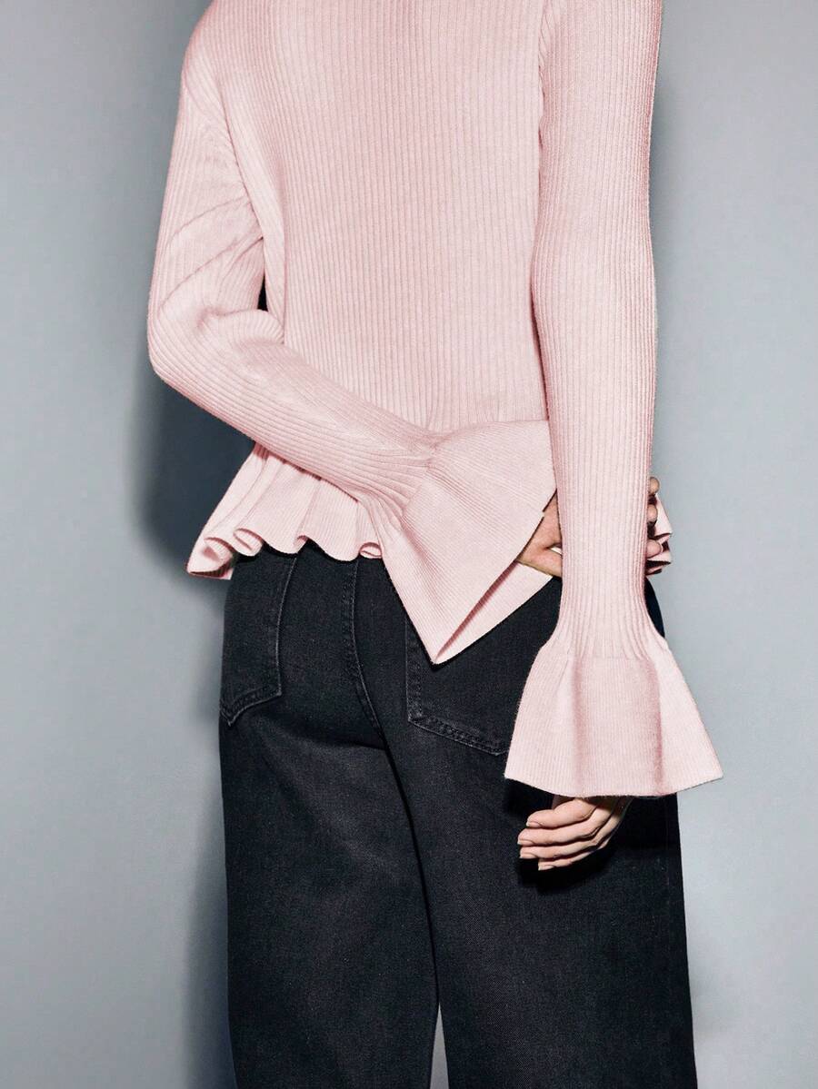 Lumivelle Sweater Pullover Pas Badan Lengan Lebar Warna Aprikot, Sweater Pink Musim Gugur/Dingin Lengan Lonceng Atasan Berkerut Pink - Berwarna merah muda - View 1